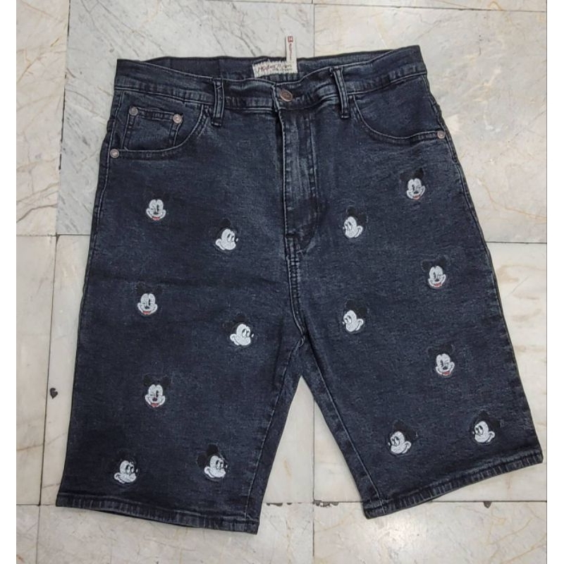 MD jeans กางเกงยีนต์เอวสูง3ส่วน ผ้ายีนต์ยืด ปลายขาเย็บ ปักมิกกี้เอวสูงเก็บพุงสะโพกดีมาก