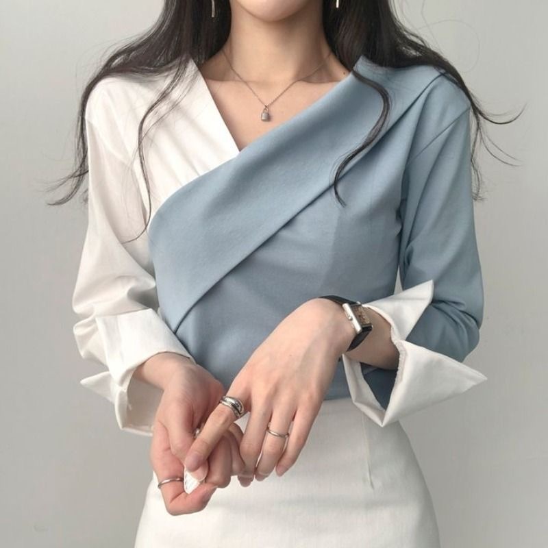 [Sheing office] พร้อมส่ง เสื้อแขนยาวผู้หญิงงานเย็บปะติดปะต่อสีตัดกันพร้อมดีไซน์ย้อนยุคเกาหลี