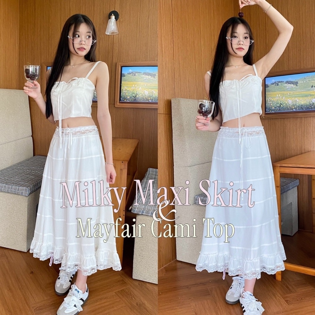 Choosedresss ขายแยกชิ้น Milky Maxi Skirt & Mayfair Cami Top สายเดี่ยว กระโปรงเเต่งลูกไม้ A0564, A4666