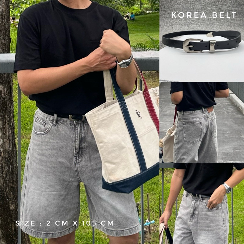 พร้อมส่ง Korea Belt (สีดำ) วัสดุหนัง PU หัวแต่งอะไหล่เงิน เรียบๆ (รอบเอวไม่เกิน 34 นิ้ว)