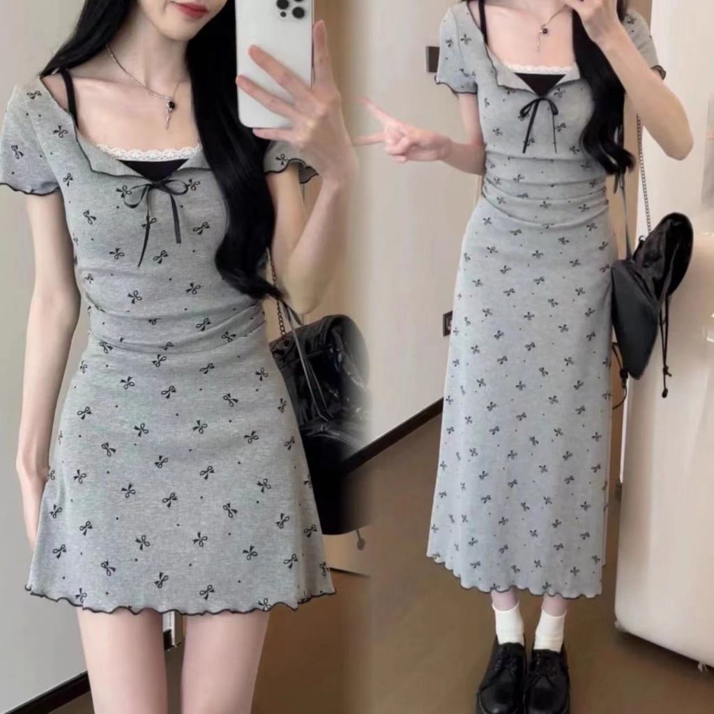 【Karlyn】เดรสสไตล์เวียดนาม ผ้าพิมพ์ลายโบว์ คอเหลี่ยม มีเเบบสั้น+แบบยาว ใส่ไปเที่ยวน่ารักมาก #FZ-CC-G8