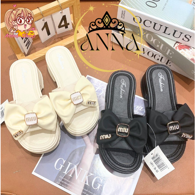 Anna Shop รองเท้าแฟชั่น ติดโบว์น่ารัก แต่งอะไหล่เพชร มาใหม่ ใส่สบายนิ่มเท้า สินค้าพร้อมจัดส่ง T266