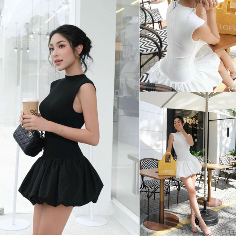 พร้อมส่ง มินิเดรสสั้นกร้ามทรงบอลลูน