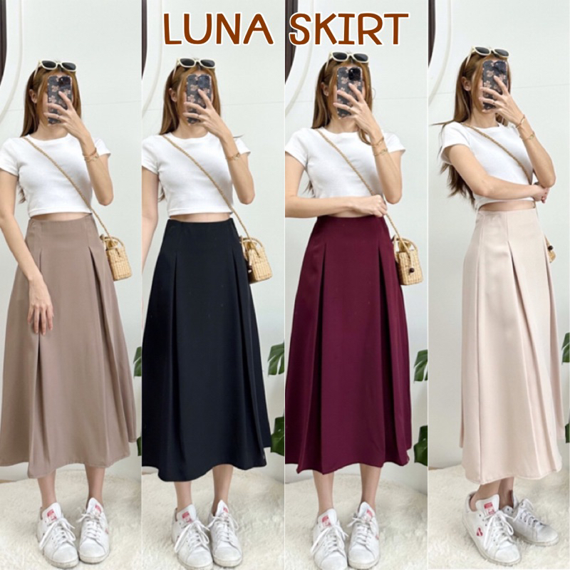 กระโปรงยาวเอวสูง จีบหน้าจีบหลัง กระโปรงผ้าบาร์บี้เปเป้ทรงสวย LUNA SKIRT