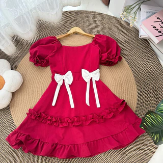 Dress bow 2 (โบว์ คู่ ) ระบายชั้นแขนตุ๊กตา อก 32-42 “