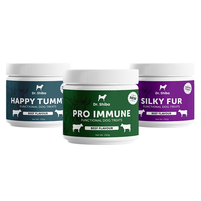 แพ็คสุดคุ้ม 3 สูตร Dr. Shiba Happy Tummy, Pro Immune และ Silky Fur ช่วยระบบทางเดินอาหาร, เสริมภูมิคุ้มกัน และ ดูแลเส้นขน