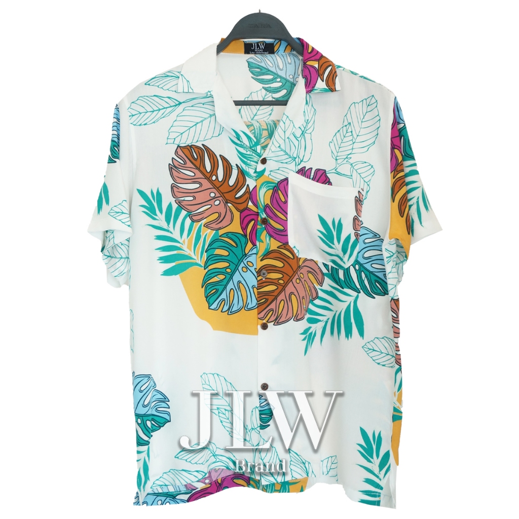 เสื้อฮาวาย ลายมอนสองสี ขาว ผ้านิ่ม M L XL Oversize คอฮาวาย JLW BRAND