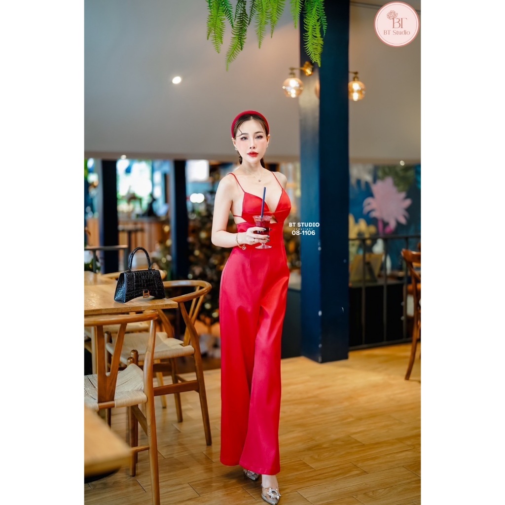 ฺBT 08-1106 จั้มสูทสายเดี่ยวาหลังแต่งสายเส้นเดียวผูกกลางหลัง