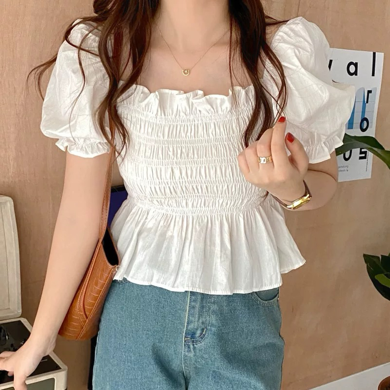 เสื้อปาดไหล่แขนตุ๊กตา สาวอวบ สาวอ้วน ไซส์ใหญ่ สม็อครอบตัว อกถึง 50 เสื้อแฟชั่น ครอป Lady ผู้หญิง Women Clothing