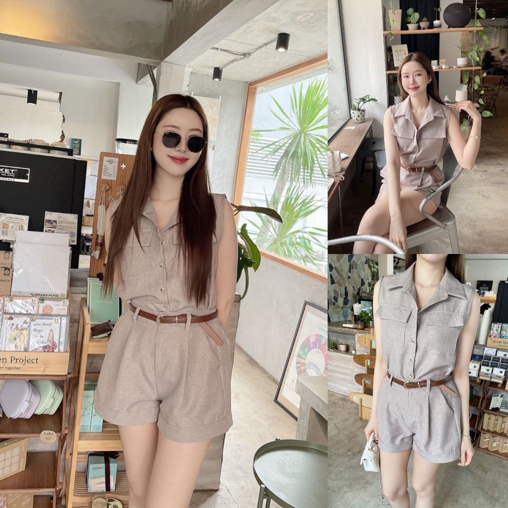 น้ำตาล/เทา SLYQ SABLE SLEEVELESS TOP & SHORTS SET เซ็ตเสื้อแขนกุดกระดุมหน้ากับกางเกงขาสั้นแถมเข็มขัด
