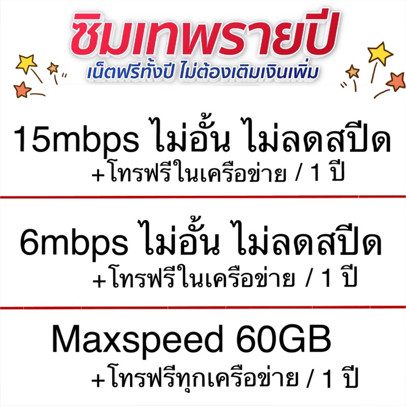 รายปี TRUE ซิมเทพธอร์ 15mbps 6mbps ไม่อั้น,maxspeed60GB โทรฟรีนาน 1 ปี