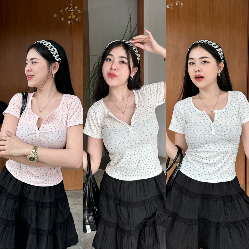เสื้อยืดแขนสั้น ลายดอกไม้ สไตล์เกาหลี 🌸 กระดุมใช้งานได้จริง ผ้ายืดเยอะ สาวอวบใส่ได้ ทรงเข้ารูป รุ่น ลักขณา