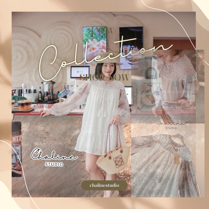 chaline เดรสแขนยาวผ้าลูกไม้คอตตอนเนื้อดีทีีสุด ฉลุลายสวยทั้งชุด
