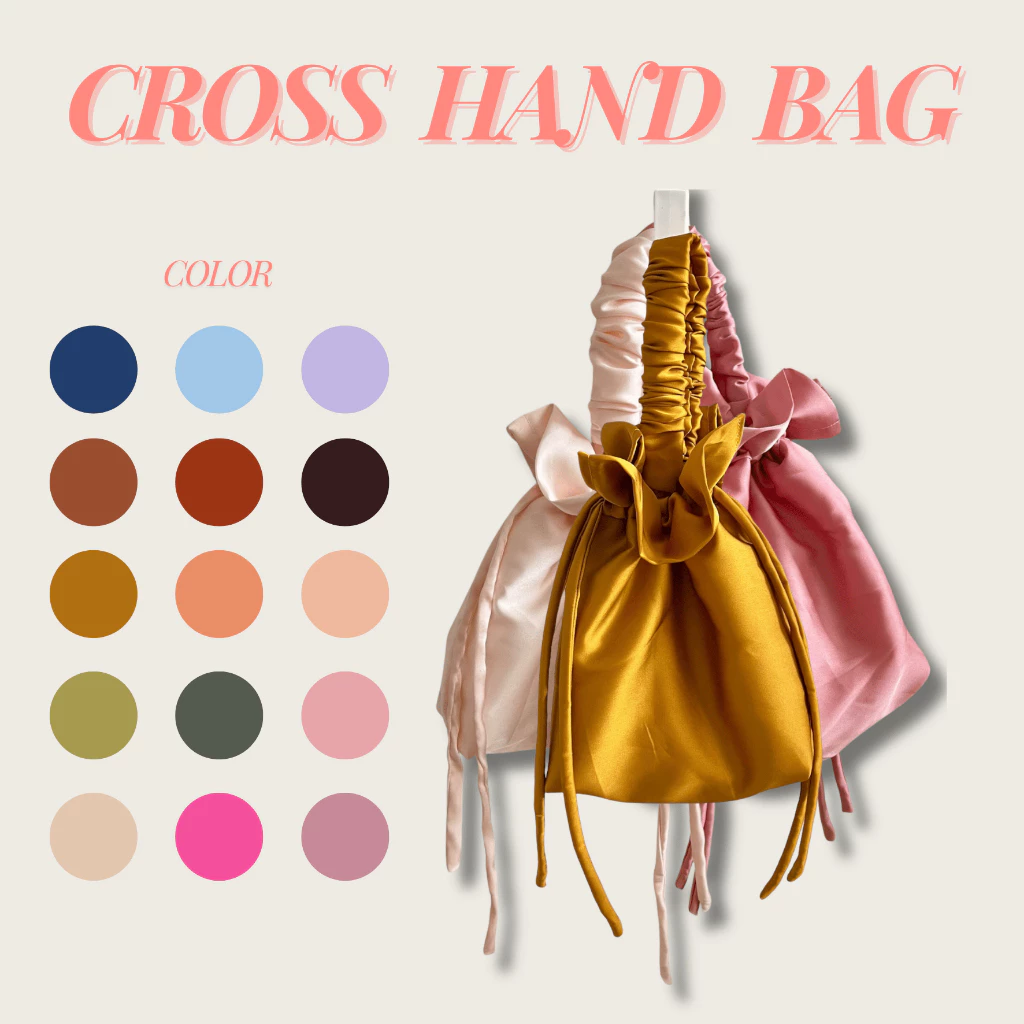 cross hand bag กระเป๋าคล้องแขน ผ้าซาตินพีช หูรูด ผ้าหรูหรา สัมผัสนุ่ม ตัวในมีซับให้ ใส่ของได้จุ