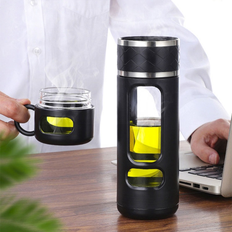 JQTG ขวดน้ำชา 520ML พร้อมตัวกรองชาแก้ว Borosilicate สูงสำหรับน้ำชาแยกถ้วยน้ำถังกรองแบบพกพา