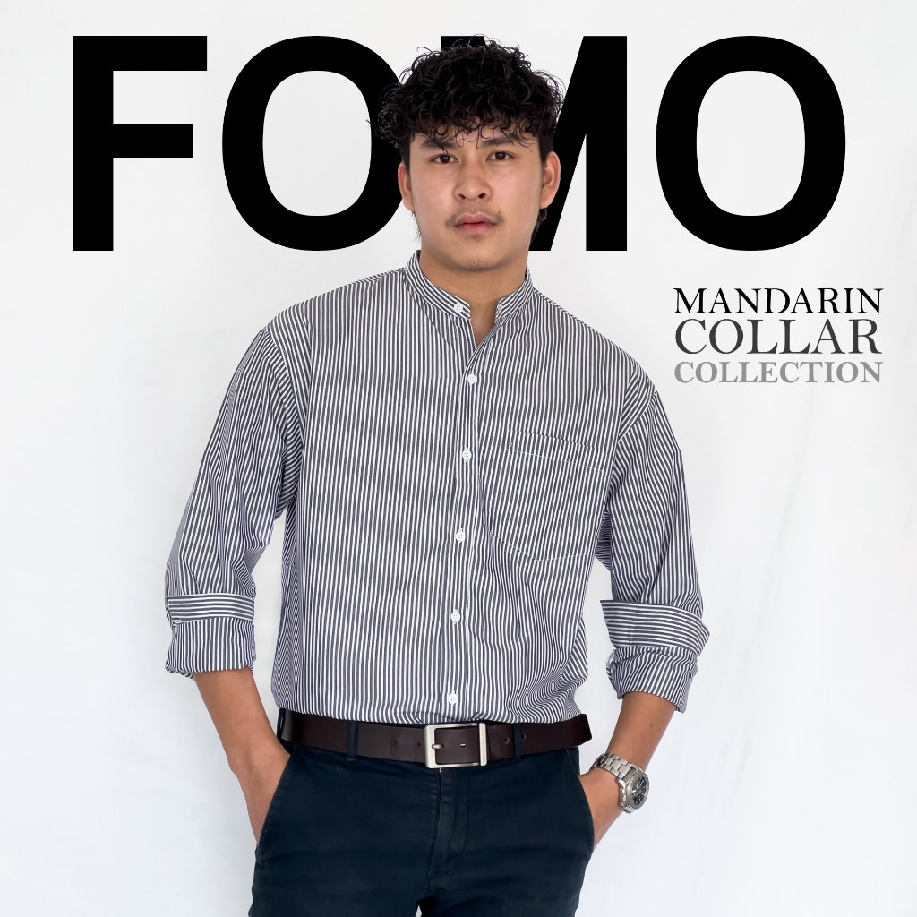 FOMO-เสื้อเชิ้ตคอจีนลายทาง สีดำ เสื้อเชิ้ตคอจีน เสื้อคอจีน
