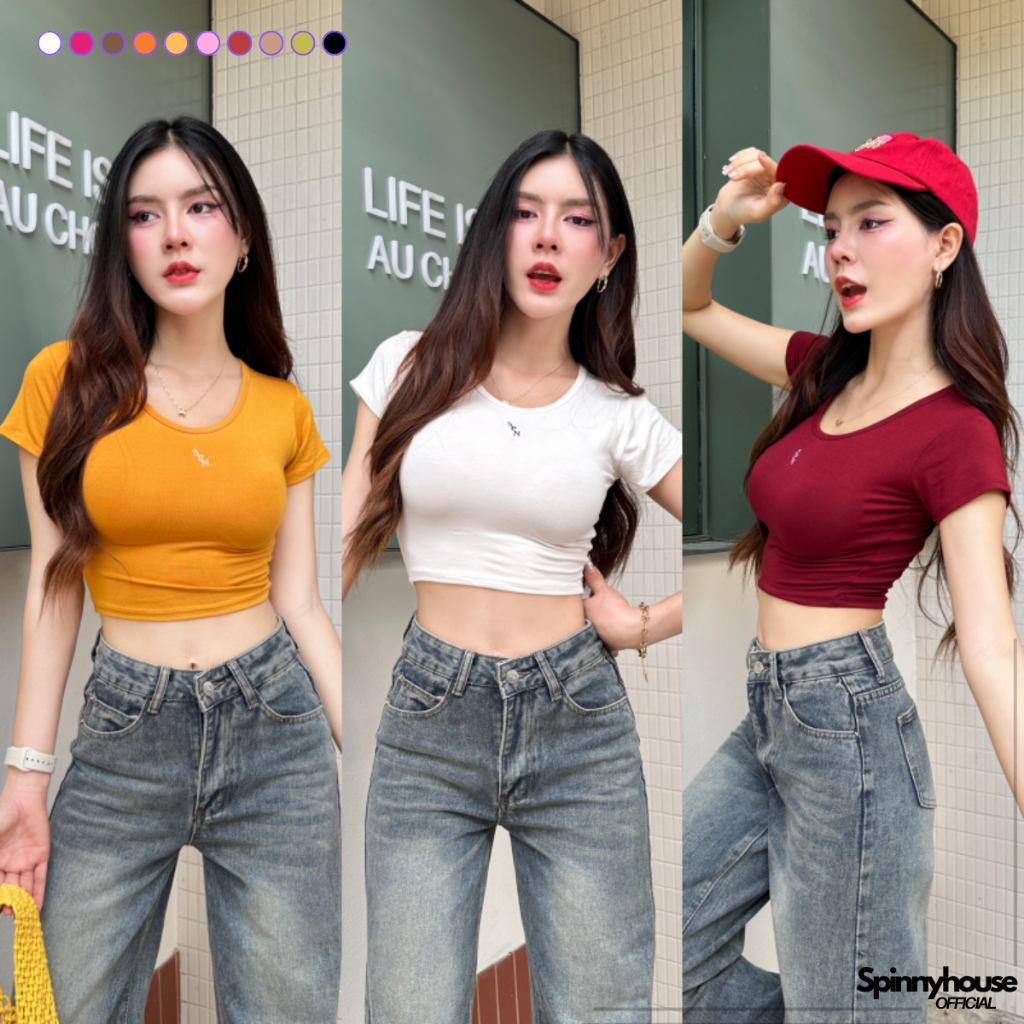 🌈SpinnyHouse🌈ครอปคอกลมแขนสั้น ผ้าเรย่อน ปักโลโก้น่ารัก 🐻 ผ้ายืดเยอะมาก ทรงสวยเก็บทรงดี รุ่น ครอปSPN B-009-1-A