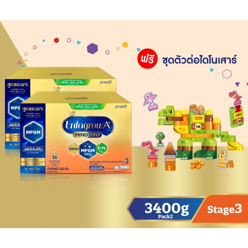 [รับของขวัญในเซ็ท] นมผงเอนฟาโกร A+ Mindpro DHA+ MFGM โปร 3 วิท ทู-เอฟแอล สูตร 3 3400 กรัม x2 ฟรี ชุดตัวต่อไดโนเสาร์