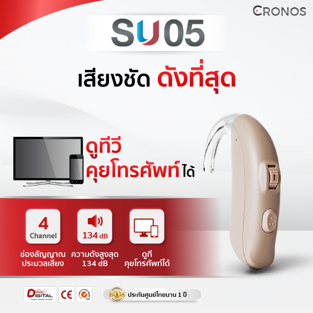 CRONOS รุ่น SU05 เครื่องช่วยฟังดิจิตอล รุ่นคล้องหลังหู สำหรับผู้สูงอายุ คนหูตึง  ช่วยลดเสียงรบกวน ปร