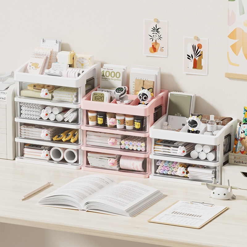 กล่องเก็บของตั้งโต๊ะนักเรียนแบบลิ้นชักอุปกรณ์ทำผมชั้นวางเครื่องสำอาง