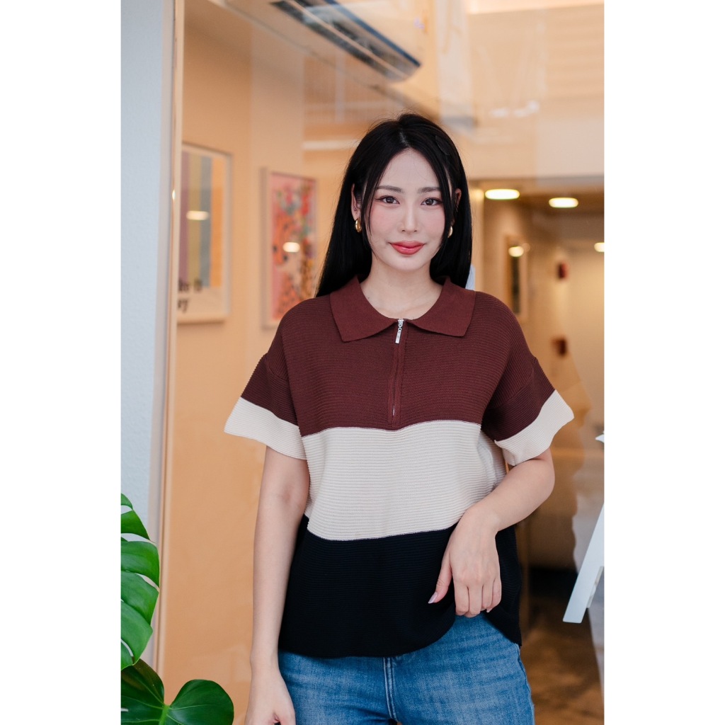 [พิมพ์โค้ด SISDEC ลด 60.- ] M1421 เสื้อไหมพรมทอลายริ้ว แต่ซิป สีสวยเก๋ๆ ราคา 200.-เท่านั้น