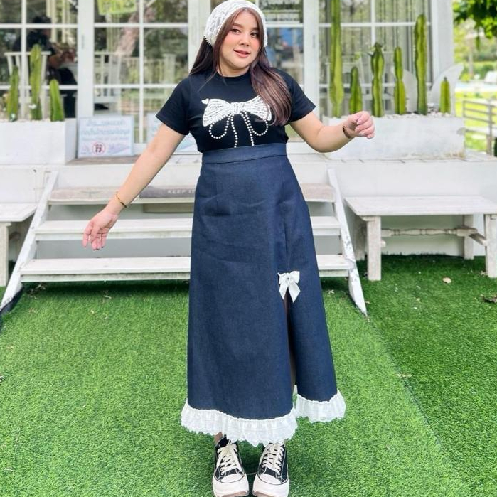 เซทเสื้อโบว์กระโปรงยีนส์ชายลูกไม้ (5090)เซทสาวอวบ rosemary