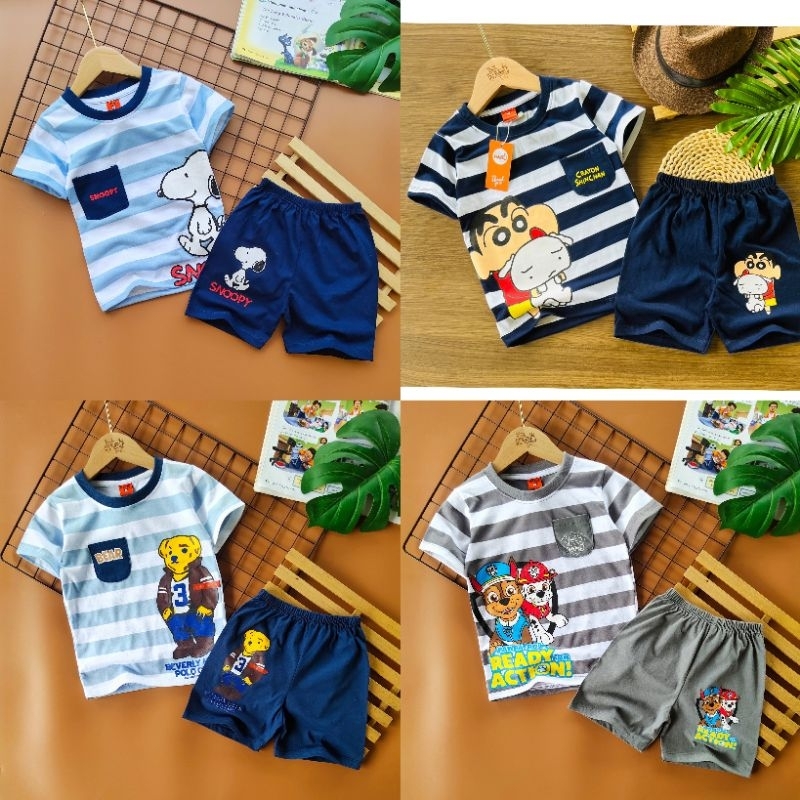 ชุดเด็ก เสื้อลายริ้วมีกระเป๋า สกรีนลายน่ารัก คอตตอนแท้