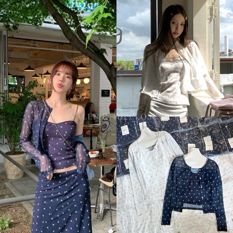 𝗙𝗥𝗢𝗥𝗔𝗟 𝗧𝗔𝗡𝗞 𝗧𝗢𝗣 𝗫 𝗖𝗔𝗥𝗗𝗜𝗚𝗔𝗡📍งานเกาสุดฮิต set 2ชิ้น เสื้อสายเดี่ยวผ้าร่อง แมทช์คู่เสื้อแขนยาวซีทรู พิมพ์ลายดอกไม้