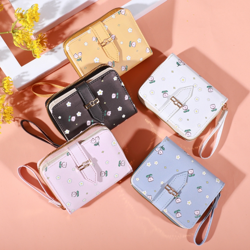 XK-147 กระเป๋าสตางค์มินิมอล สีสดใส พกพาสะดวก ขนาดเล็กแบบพกพา พร้อมช่องใส่บัตร -น่ารัก -flowers