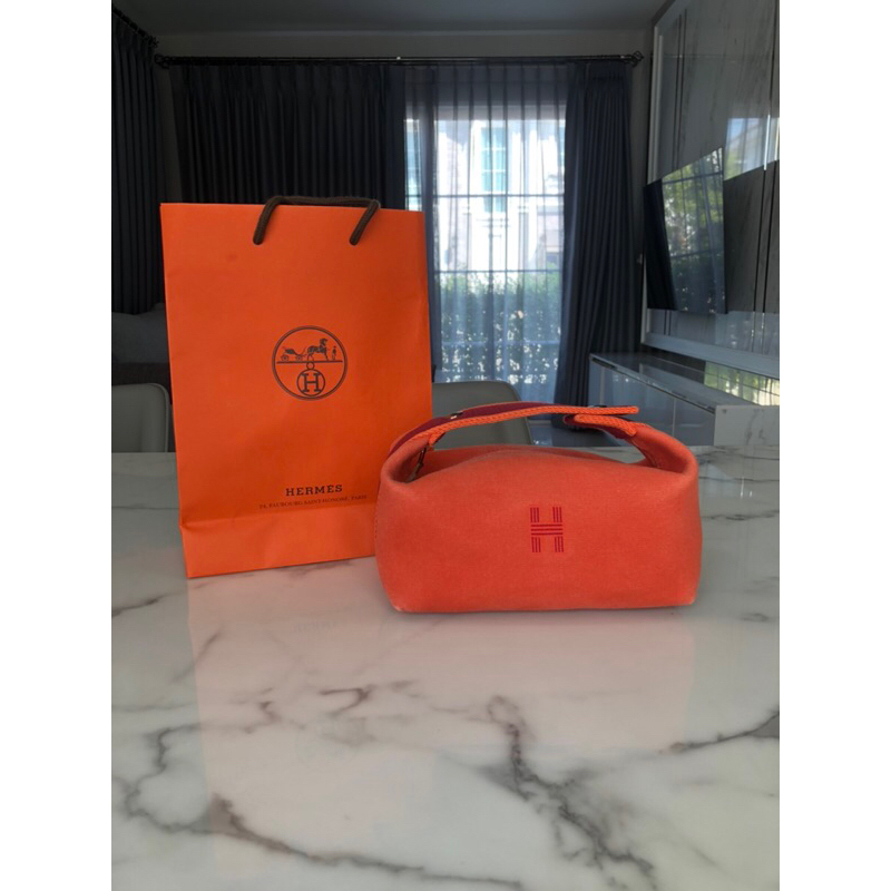 HERMES Bride A Brac PM Accessory pouch hand bag canvas Orange SHW