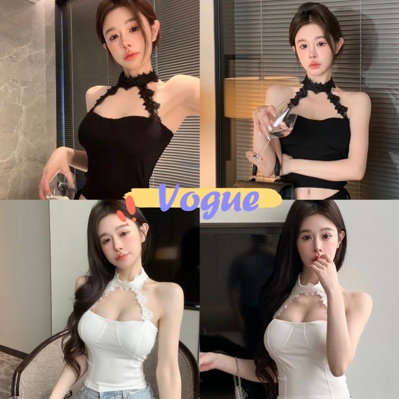 Vogue พร้อมส่ง เสื้อเกาะอก มีฟองน้ำ แต่งโชเกอร์ลายลูกไม้ สีพื้นขาวดำ (FY2234-J)