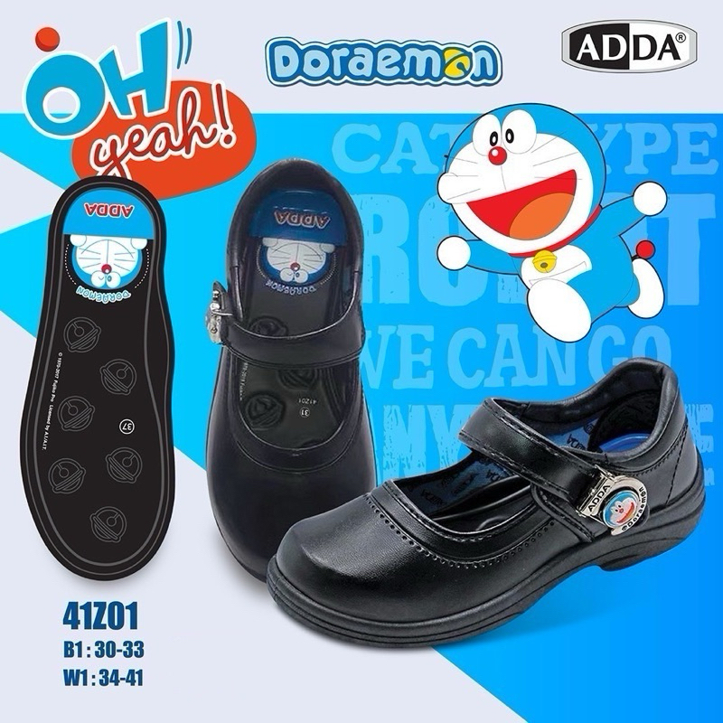 [ลูกค้าใหม่ราคา 1 บาท]รองเท้านักเรียน ADDA 41Z01 รองเท้าหนังดำ ลายโดเรม่อน ลิขสิทธ์แท้ จากบริษัท ไซร์31-41 หนังดำผู้หญิง