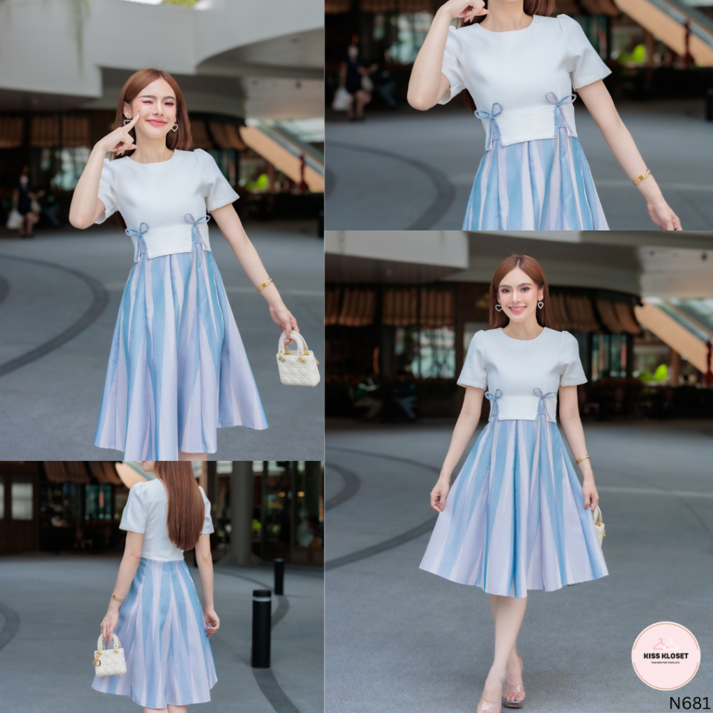 ชุดเดรสผ้าทอลาย คอกลม แต่งโบว์สองข้างที่เอว ผูกเองได้จ้า กระโปรงบาน 8 ชิ้น สีพาสเทล น่ารักมากก (S-5XL) KS681