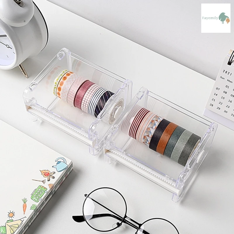 *สินค้าพร้อมส่ง* กล่องเก็บ Masking Tape กล่องใส่เทปตกแต่ง แท่นตัดเทปวาชิ แกนตัดพลาสติกสีขาว วางซ้อนกันได้ ดีไซน์น่ารัก