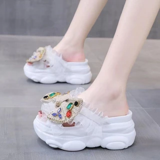 รองเท้าส้นสูงสุภาพสตรี สุภาพสตรีแฟชั่นสบายนุ่มสบาย ๆ รองเท้าแตะส้นหนา 7.5cm 34-39