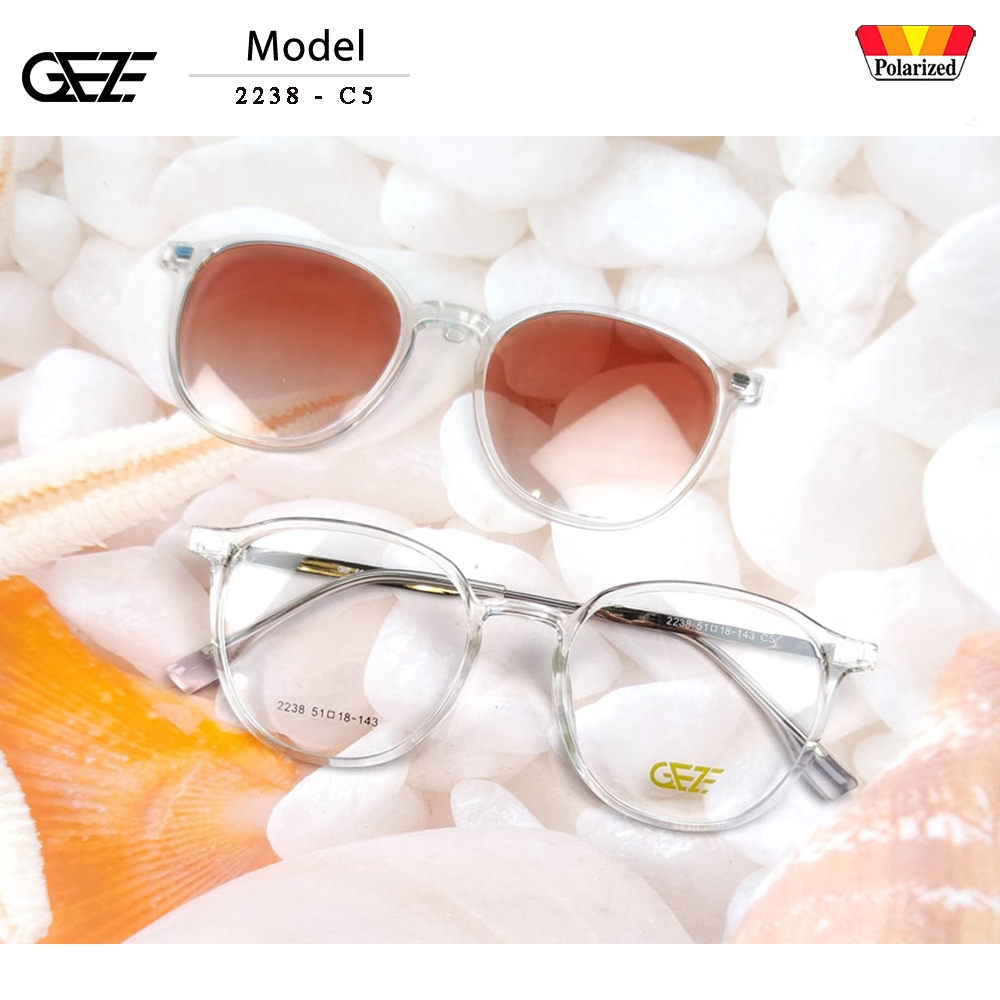 กรอบแว่นสายตา GEZE Clip-On รุ่น 2238 - C5 เต็มกรอบสีใส คลิปออนแม่เหล็ก เลนส์กันแดดPolarized