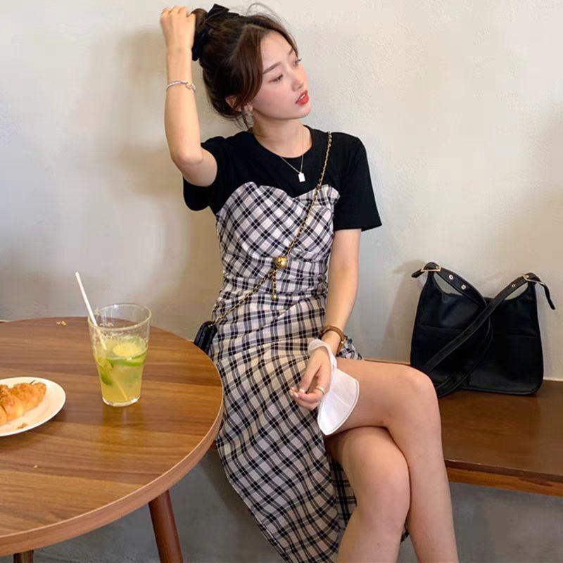 [M-3XL] ชุดเดรสลายสก๊อตประกบระดับไฮเอนด์ย้อนยุคฤดูร้อนพร้อมดีไซน์เฉพาะ เอวแคบและกระโปรงยาวลายสก๊อตทรงเอ