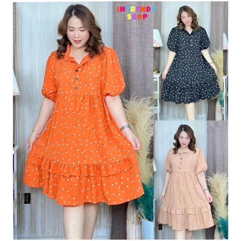 ใหม่.เดรสคอปก ชายระบายแขนพองๆสาวอวบFree size:32 - 44 นิ้ว.เป็นผ้าไหมอิตาลี.