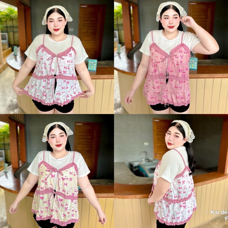 BN506.เสื้อแฟชั่นสาวอวบ งาน 2 ชิ้น สายเดี่ยว ลายดอก แต่งสายโบว์ + เสื้อยืดขาว