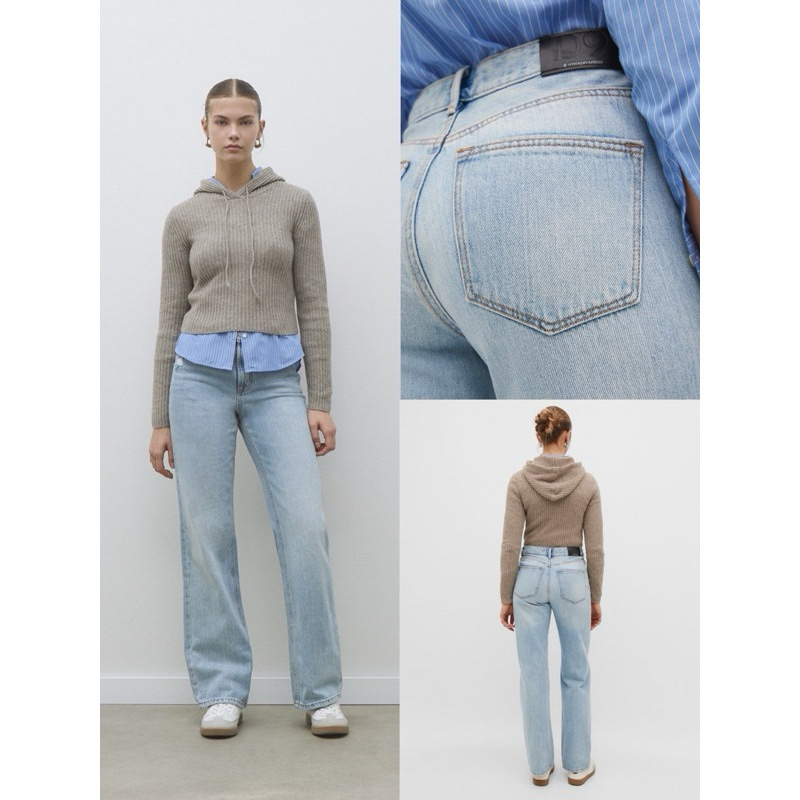 Stradivarius กางเกงยีนส์ผ้าสวยงานตัดป้าย ป้ายหนังD98 Denim