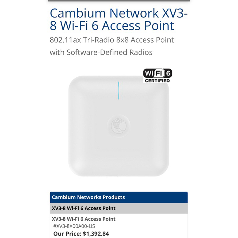 Cambium Network XV3-8 Wi-Fi 6 Indoor Enterprise Wireless Access Point