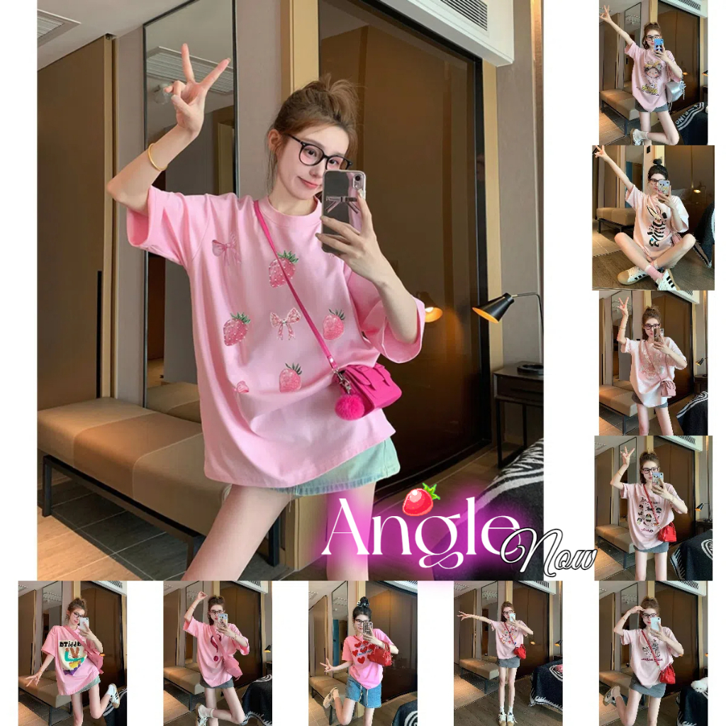 (จัดส่งตลอด 24 ชั่วโมง）Angle Official ชุดสูทหวานสำหรับผู้หญิงหลวมลายพิมพ์รักแขนสั้นน่ารักลำลองชุด