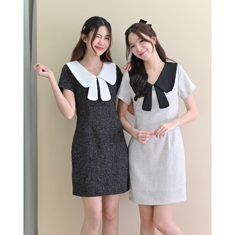 (XS-3XL) Fallon dress - ชุดเดรสทำงาน ชุดทำงานผู้หญิง เดรสทูโทน คอปกน่ารัก งานผ้าทวีด - CRAYONBRAND