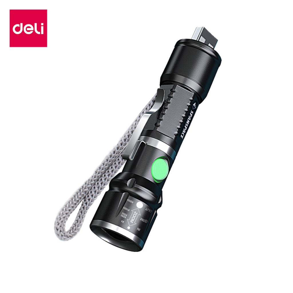 Deli ไฟฉายLED ไฟฉายเลเซอร์ แบบชาร์จUSB ซูมได้ ไฟปรับได้หลายฟังก์ชั่น มีสัญญาณไฟ SOS ทนทาน กันน้ำ พกพาสะดวก Flashlight