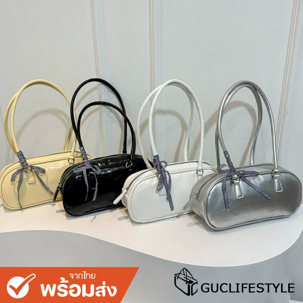 GUCSELECTED(B2089) กระเป๋าสะพายไหล่หนังพียู+ผ้าผูกโบว์ มี3สี