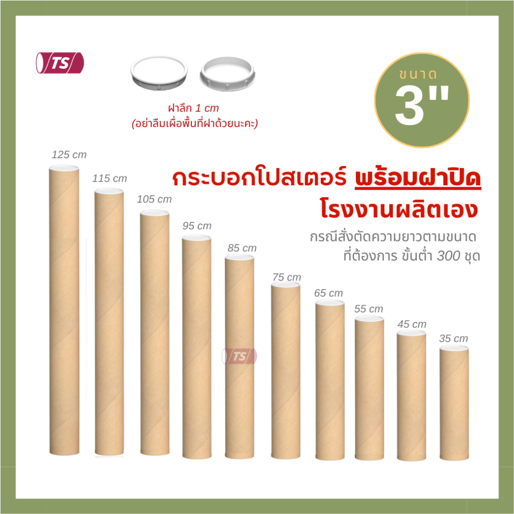 กระบอกโปสเตอร์ 3" โรงงานขายเอง ความยาว 75-125cm พร้อมส่ง แกนกระดาษโปสเตอร์สำหรับใส่สินค้า (พร้อมฝาปิดสีขาว) TS Papertube