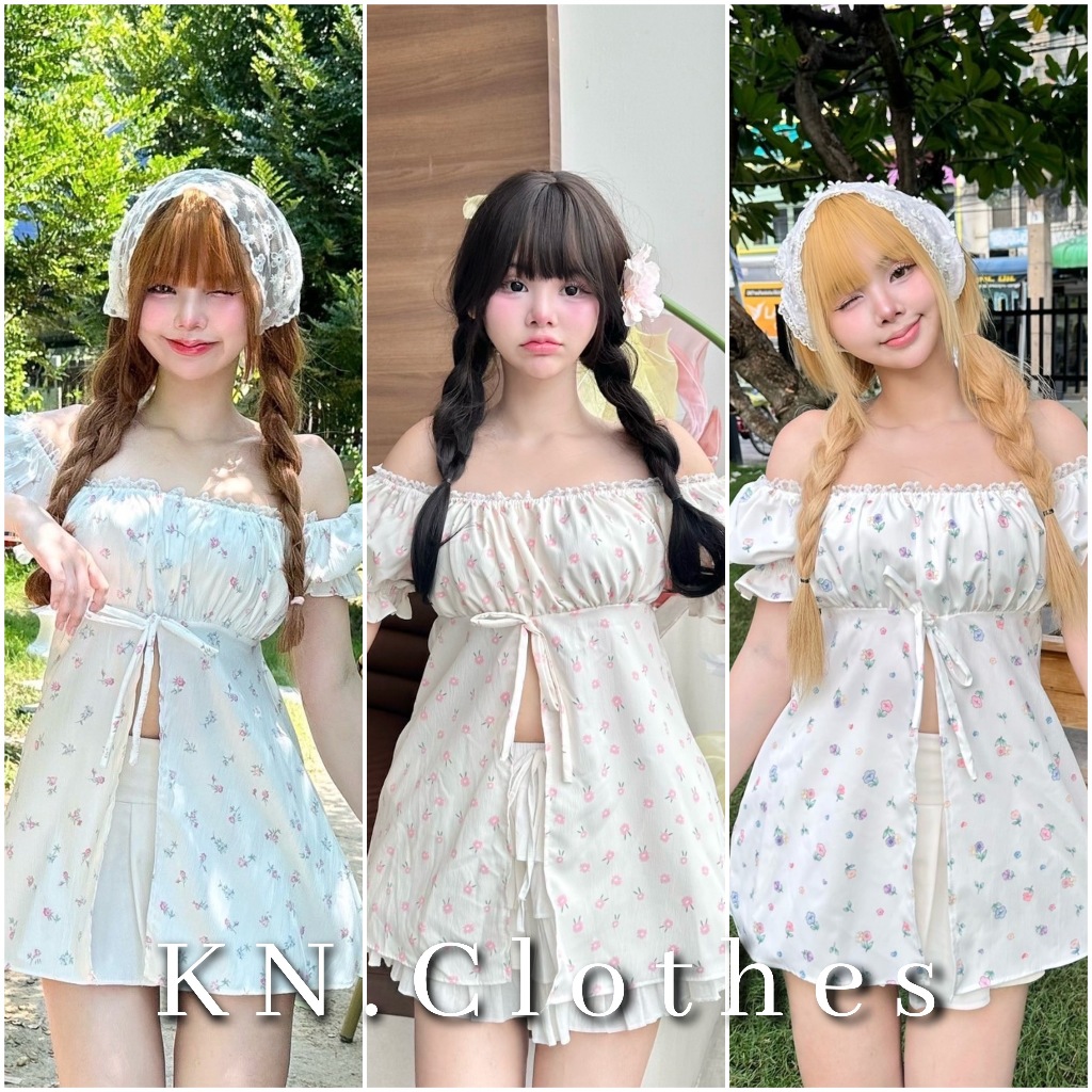 Nusa.Style เสื้อมินิเดรสแขนตุ๊กตา ผ่าหน้า แต่งโบว์ พิมพ์ลายน่ารัก