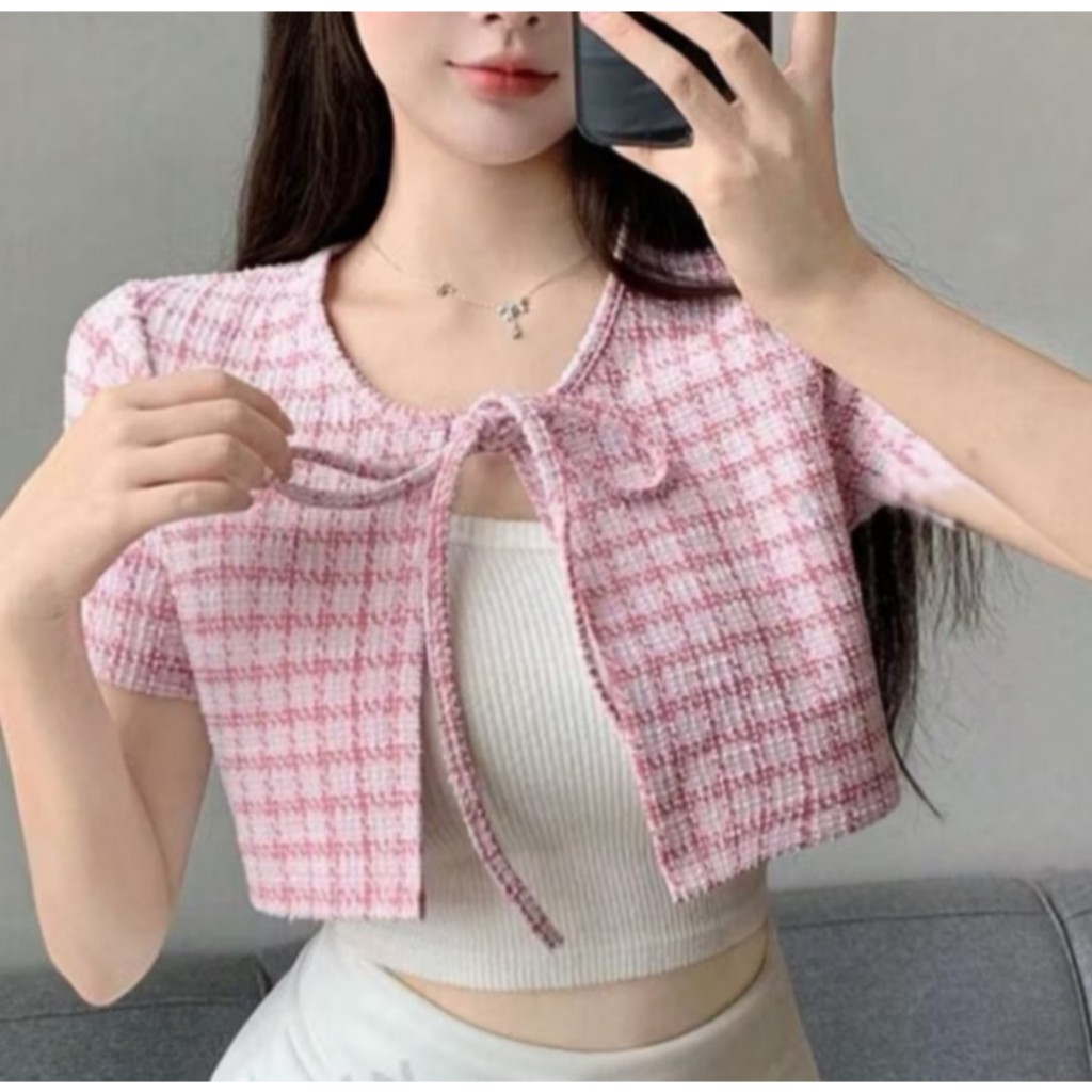 Cover up C033 เสื้อคลุม แขนสั้น ผูกหน้า ลายสก็อต ผ้าทวิต