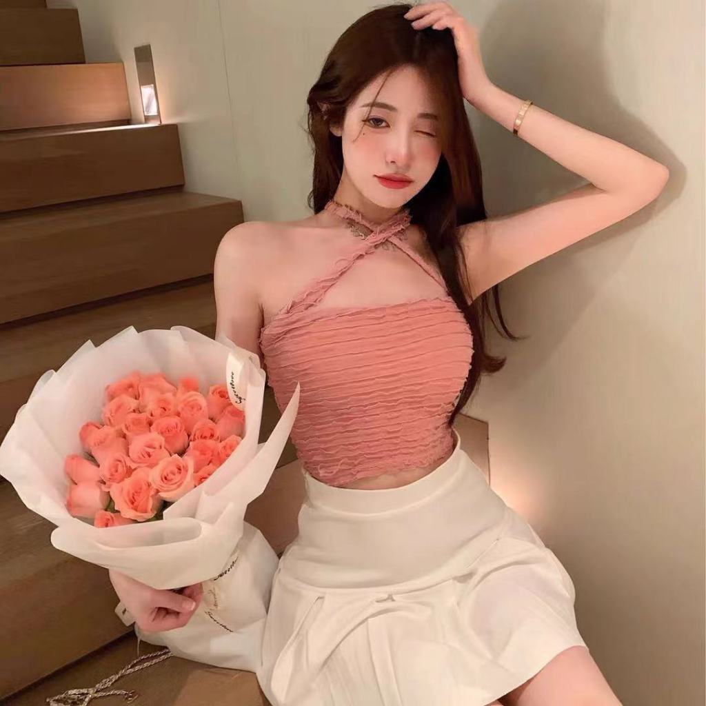6065  E เสื้อตัวจิ๋วสายเดี่ยวโชว์หลังไขว้หน้าเซ็กซี่สินค้าไม่มีซับในพร้อมส่ง
