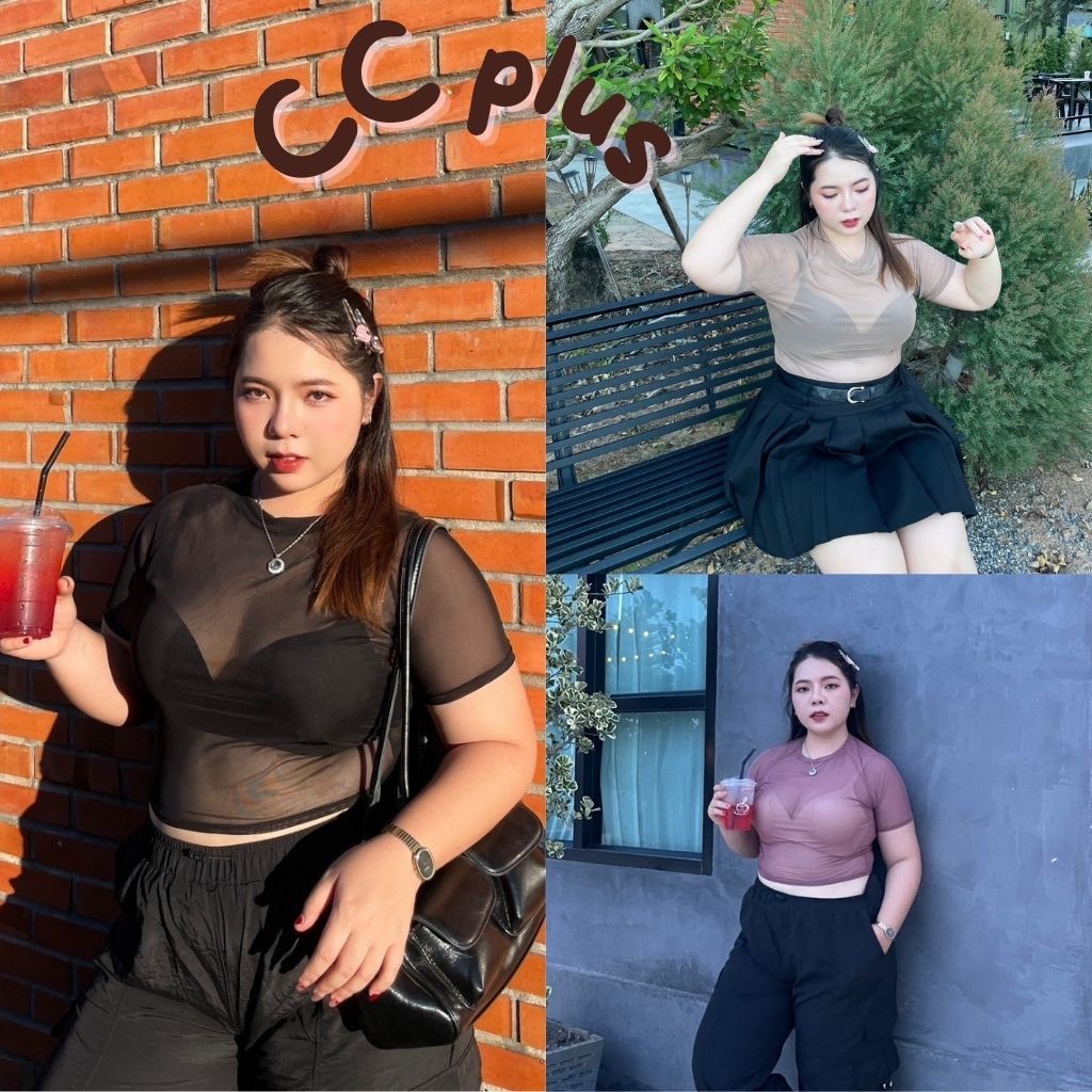 CiCi Plus+ (1255) เสื้อครอปพลัสไซส์ คอกลมซีทรู แขนสั้น ผ้าบางเบา ใส่สบาย เสื้อสาวอวบ สไตล์แซ่บ แมตช์ง่าย